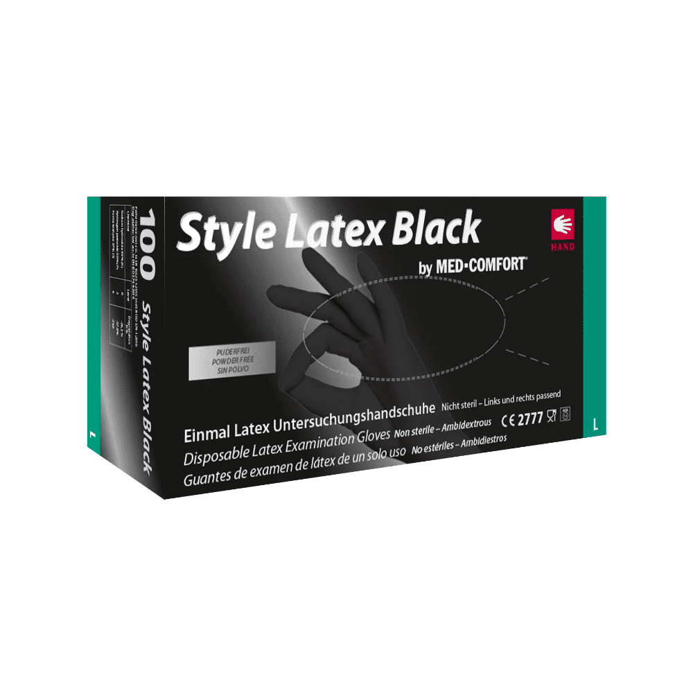 Box of disposable examination gloves made from latex AMPri Style Latex Black by AMPri Handelsgesellschaft mbH. The packaging contains text in German and English indicating that the gloves are non-sterile, ambidextrous, and size L. There is an image of a gloved hand on the box.