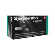 Box of disposable examination gloves made from latex AMPri Style Latex Black by AMPri Handelsgesellschaft mbH. The packaging contains text in German and English indicating that the gloves are non-sterile, ambidextrous, and size L. There is an image of a gloved hand on the box.