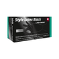 Box of disposable examination gloves made from latex AMPri Style Latex Black by AMPri Handelsgesellschaft mbH. The packaging contains text in German and English indicating that the gloves are non-sterile, ambidextrous, and size L. There is an image of a gloved hand on the box.