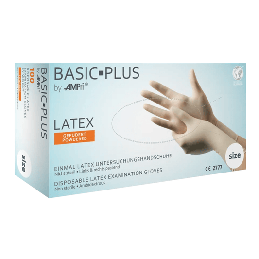 A white-blue box of AMPri BASIC-PLUS latex gloves from AMPri Handelsgesellschaft mbH, containing 100 disposable gloves. The box shows an image of gloved hands and indicates that the disposable gloves are non-sterile, ambidextrous, and powdered. It also bears the CE 2777 mark.