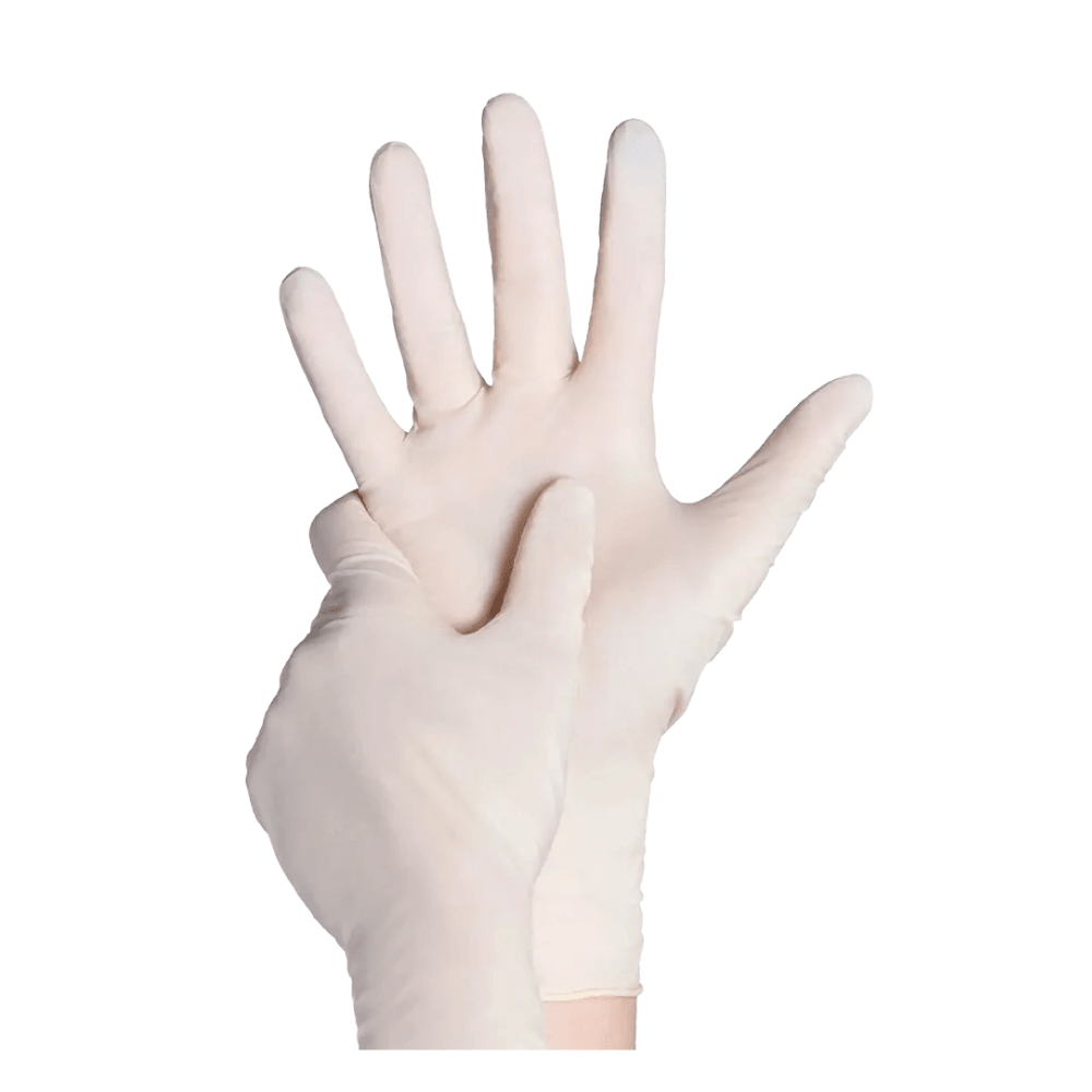 A person puts on an AMPri BASIC-PLUS powdered, white latex glove. The image shows one hand with the entire glove and the other hand putting on the glove. The background is plain white.
