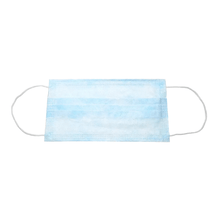 A single light blue disposable mask with white ear loops is placed on a white background. The AMPri BASIC-PLUS OP Mask 3-ply Type II from AMPri Handelsgesellschaft mbH features three pleats for expanding and covering the face, thus providing effective protection.