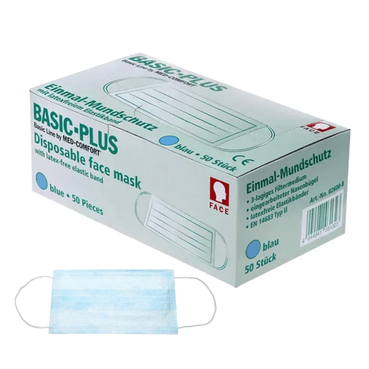 A blue-white box with the label “AMPri BASIC-PLUS OP Mask 3-ply. Type II, various colors” from AMPri Handelsgesellschaft mbH contains 50 masks. The box shows product details, including the blue color and latex-free property. Under the box, there is also a single blue 3-ply disposable mask depicted separately.