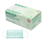 Pictured is a box of AMPri BASIC-PLUS OP Mask 3-ply. Type II with the label “green, 50 pieces.” The box clearly shows the image of a face mask. Under the box, a green 3-ply face mask lies flat. The mask features a latex-free rubber band and is manufactured by AMPri Handelsgesellschaft mbH.