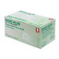 A green-white box with the inscription "AMPri BASIC-PLUS OP Mask 3-ply Type II for tying, various colors" contains 50 pieces of medical disposable respiratory masks with long ties. The description is in English and German "Disposable face mask with long ties", adorned with product and brand details of AMPri Handelsgesellschaft mbH.