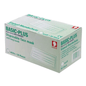 A white carton with the inscription "AMPri BASIC-PLUS OP Mask 3-ply Type II for tying" in green lettering from AMPri Handelsgesellschaft mbH. The box contains 50 white medical disposable respiratory masks with long ties. Product information is displayed in both English and German, including the texts "Disposable mouth guard" and "50 pieces".