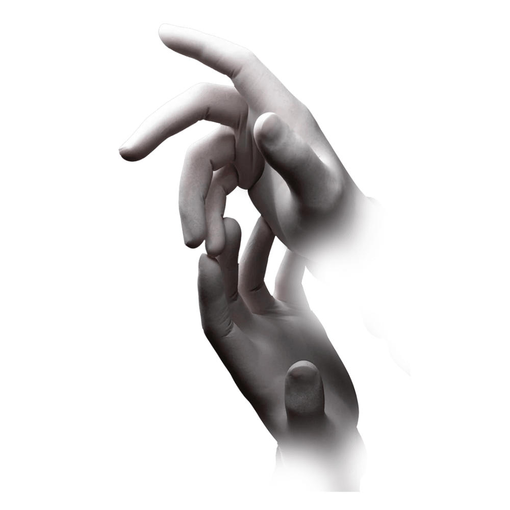 A close-up shows two hands whose fingers gently touch. The hands and fingers, elegantly adorned with AMPri BASIC-TOUCH latex gloves powder-free, white from AMPri Handelsgesellschaft mbH, are partially faded towards the wrists, creating a dissolving effect against a white background.