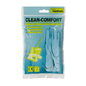 A pack of AMPri CLEAN-COMFORT latex household gloves powder-free in medium size, suitable for universal household use. The predominantly blue-yellow packaging shows images of the gloves and cleaning items. Labels indicate that they are food-safe and lined with cotton for more comfort. These AMPri CLEAN-COMFORT latex gloves from AMPri Handelsgesellschaft mbH are perfect for various tasks.
