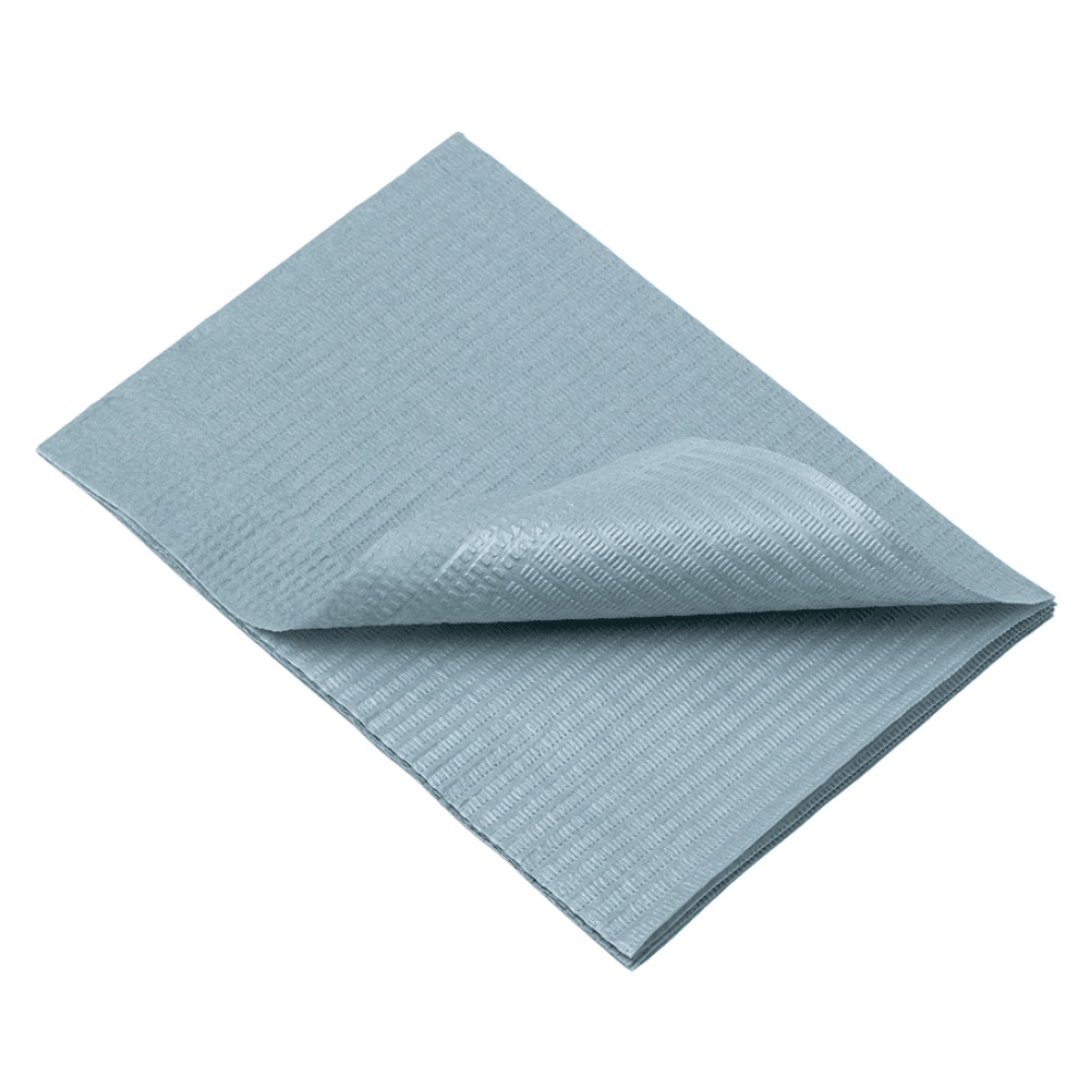 A folded light blue cleaning cloth with a textured surface pattern resembles the AMPri Dental disposable patient napkins 33 x 45 cm, available in various colors and frequently used in dental treatments.