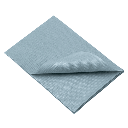 A folded light blue cleaning cloth with a textured surface pattern resembles the AMPri Dental disposable patient napkins 33 x 45 cm, available in various colors and frequently used in dental treatments.