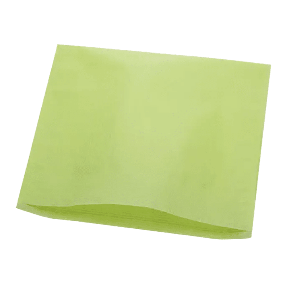 A light green, square dental headrest cover made of tissue paper by AMPri Handelsgesellschaft mbH is folded and lies flat on a white background.