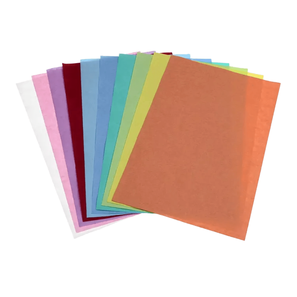 A fan-shaped presentation of the AMPri Dental crepe cover tray filter paper, available in various colors such as white, pink, red, blue, green, yellow, and orange from AMPri Handelsgesellschaft mbH, shows the sheets arranged from left to right in increasing height.