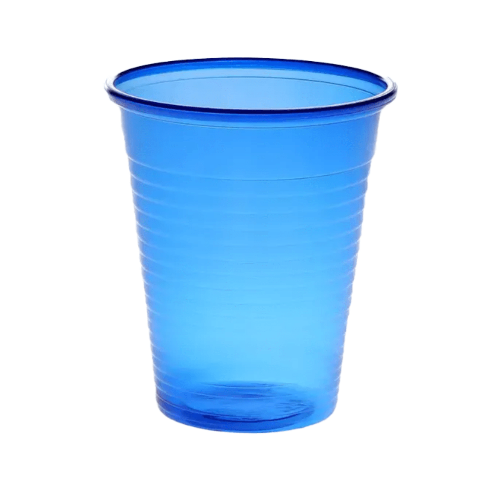 The AMPri Dental PP mouthwash cup from AMPri Handelsgesellschaft mbH has a bright blue hue, typical for disposable mouthwash cups used in dental practices. This 180 ml cup made of translucent polypropylene features a sleek, cylindrical design with a gently flared rim and horizontal grooves, all presented against a plain white background.