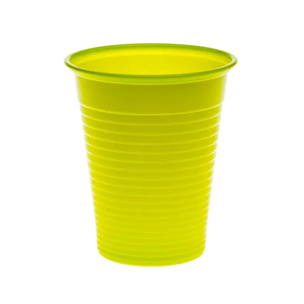 A single yellow plastic cup from the AMPri Dental PP mouth rinse cup series 180 ml, commonly used as a disposable mouth rinse cup in dental practices, is depicted on a plain white background.