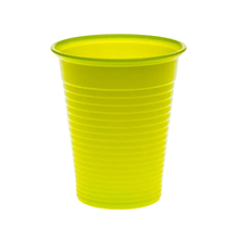 A single yellow plastic cup from the AMPri Dental PP mouth rinse cup series 180 ml, commonly used as a disposable mouth rinse cup in dental practices, is depicted on a plain white background.