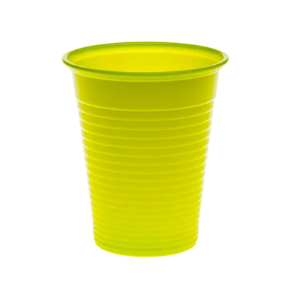 A single yellow plastic cup from the AMPri Dental PP mouth rinse cup series 180 ml, commonly used as a disposable mouth rinse cup in dental practices, is depicted on a plain white background.