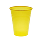 A yellow AMPri Dental disposable cup made of polypropylene with vertical grooves stands upright against a plain white background. Ideal for use in dental practices as a single-use rinse cup.