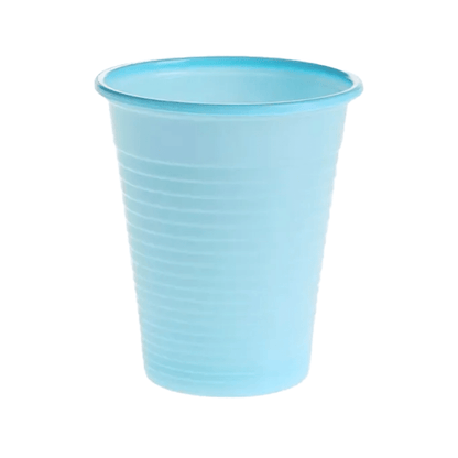 The AMPri Dental PP mouth rinse cup 180 ml from AMPri Handelsgesellschaft mbH is a simple light blue plastic cup, perfect as a disposable mouth rinse cup in dental practices. It has a slightly conical shape, a rounded rim, and is made of polypropylene with horizontal grooves on the outside for better grip.