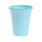 The AMPri Dental PP mouth rinse cup 180 ml from AMPri Handelsgesellschaft mbH is a simple light blue plastic cup, perfect as a disposable mouth rinse cup in dental practices. It has a slightly conical shape, a rounded rim, and is made of polypropylene with horizontal grooves on the outside for better grip.