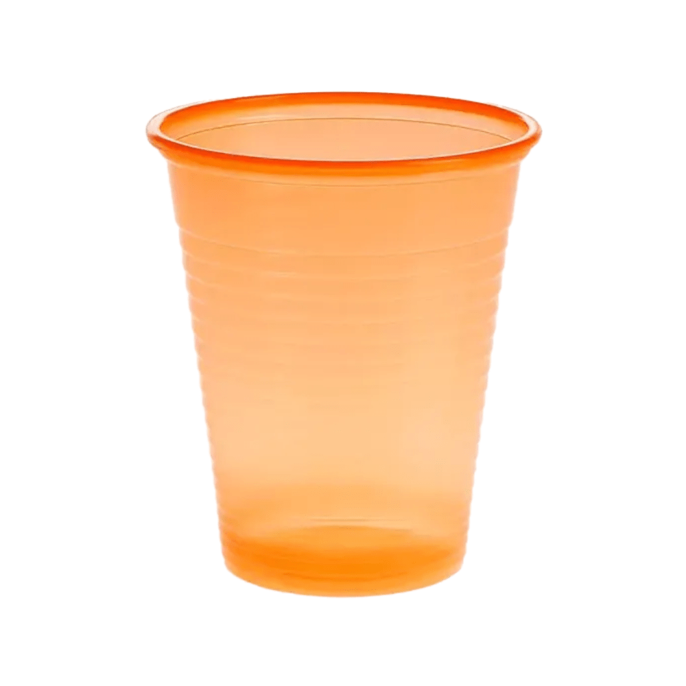 A bright orange cup made of polypropylene with a smooth rim and subtle grooves on the body is presented against a plain white background. This product is part of the AMPri Dental PP mouth rinse cup collection, distributed by AMPri Handelsgesellschaft mbH.