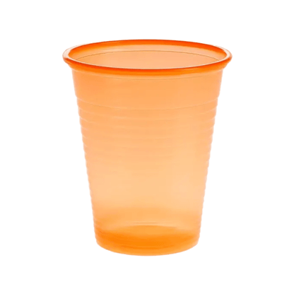 A bright orange cup made of polypropylene with a smooth rim and subtle grooves on the body is presented against a plain white background. This product is part of the AMPri Dental PP mouth rinse cup collection, distributed by AMPri Handelsgesellschaft mbH.