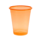 A bright orange cup made of polypropylene with a smooth rim and subtle grooves on the body is presented against a plain white background. This product is part of the AMPri Dental PP mouth rinse cup collection, distributed by AMPri Handelsgesellschaft mbH.