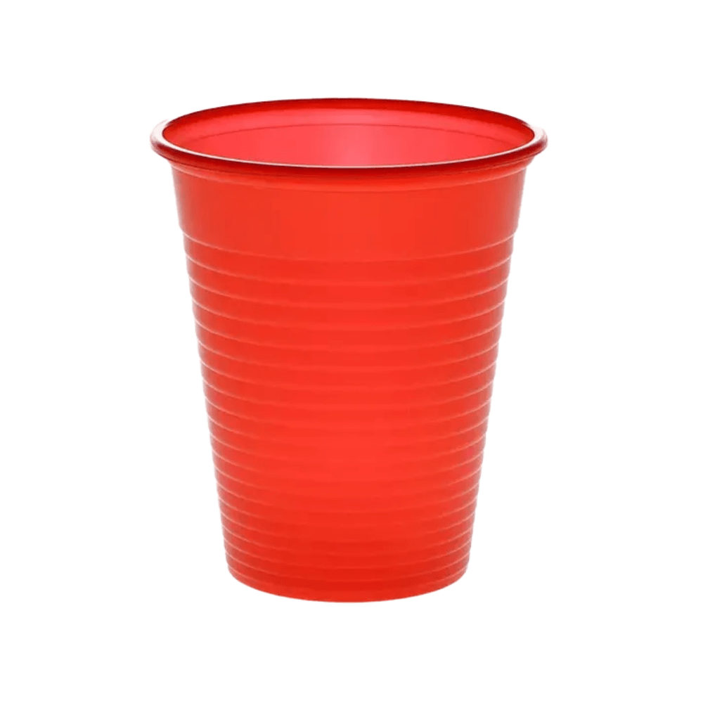 Against a white background, a red mouth rinse cup made of polypropylene from AMPri Handelsgesellschaft mbH is seen, commonly used in dental practices.