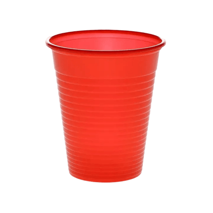 Against a white background, a red mouth rinse cup made of polypropylene from AMPri Handelsgesellschaft mbH is seen, commonly used in dental practices.