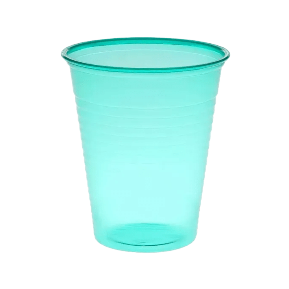 The AMPri Dental PP mouth rinse cup in translucent turquoise is made of polypropylene and has a slightly flared rim with vertical lines accentuating the cup body. This 180 ml cup from AMPri Handelsgesellschaft mbH is empty and stands on a plain white background, making it perfect for use in dental practices.
