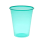 The AMPri Dental PP mouth rinse cup in translucent turquoise is made of polypropylene and has a slightly flared rim with vertical lines accentuating the cup body. This 180 ml cup from AMPri Handelsgesellschaft mbH is empty and stands on a plain white background, making it perfect for use in dental practices.