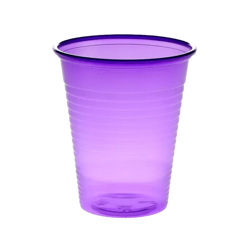 Against a plain white background, an AMPri Dental PP mouth rinse cup is seen, a translucent purple plastic cup made of polypropylene. The cup is often used as a disposable mouth rinse cup in dental practices and features a wide rim and vertical grooves along its body.