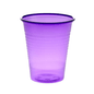 Against a plain white background, an AMPri Dental PP mouth rinse cup is seen, a translucent purple plastic cup made of polypropylene. The cup is often used as a disposable mouth rinse cup in dental practices and features a wide rim and vertical grooves along its body.
