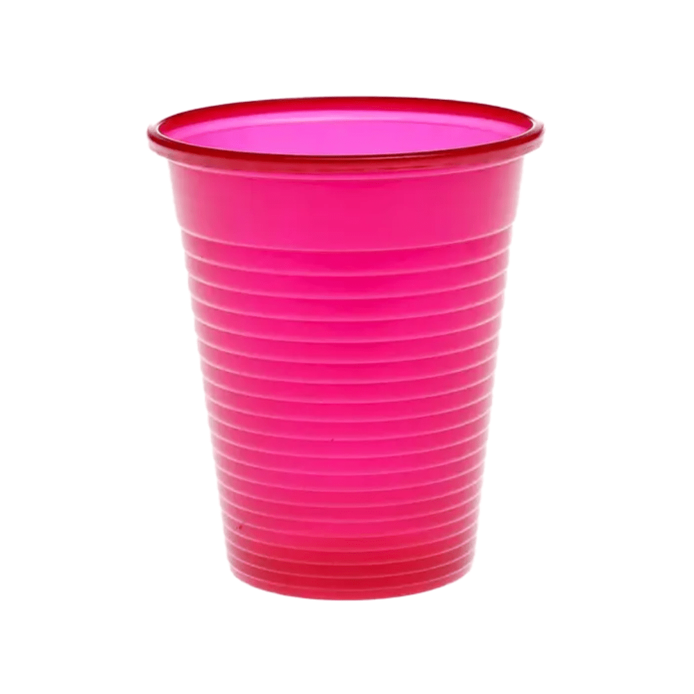 A bright pink AMPri Dental PP mouth rinse cup made of polypropylene with horizontal grooves is presented against a plain white background.