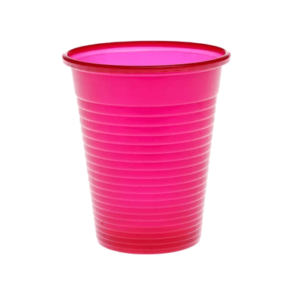A bright pink AMPri Dental PP mouth rinse cup made of polypropylene with horizontal grooves is presented against a plain white background.