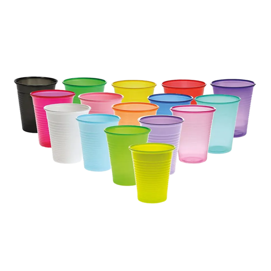 A range of AMPri Dental PP mouth rinse cups, perfect for dental practices, is presented in a pyramid formation. These 180 ml cups are made of translucent polypropylene and are available in various colors, including black, pink, white, green, yellow, orange, purple, and blue.