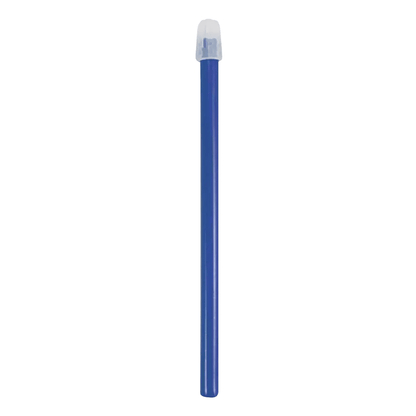 A blue AMPri Dental saliva ejector with a transparent cap stands upright against a plain white background, reminiscent of the precision of dental treatments.