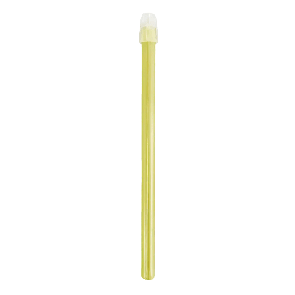 On a white background, a yellow plastic straw is depicted, resembling an AMPri Dental saliva ejector from AMPri Handelsgesellschaft mbH and possessing a transparent protective cap at one end.