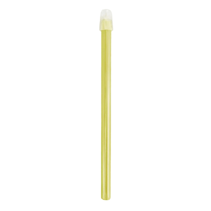 On a white background, a yellow plastic straw is depicted, resembling an AMPri Dental saliva ejector from AMPri Handelsgesellschaft mbH and possessing a transparent protective cap at one end.