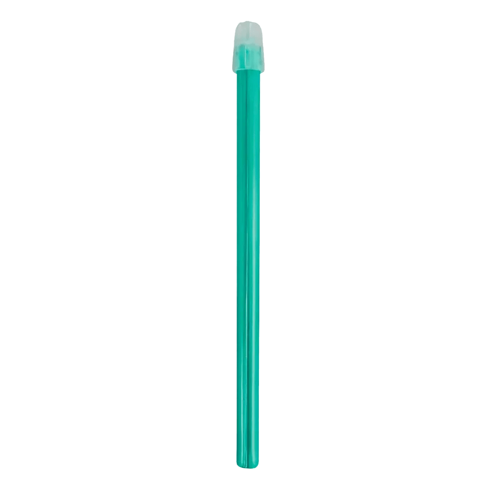 A green AMPri Dental saliva ejector with a transparent cap is positioned vertically against a pristine white background.