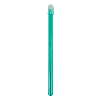 A green AMPri Dental saliva ejector with a transparent cap is positioned vertically against a pristine white background.