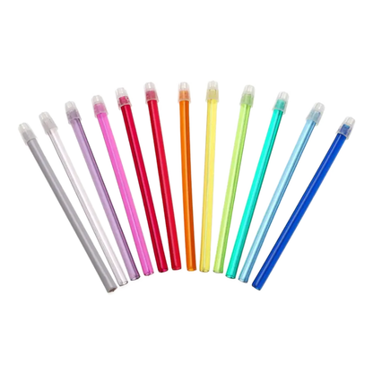 Twelve luminous, translucent pens reflecting the vibrant colors of the AMPri Dental saliva ejector treatments are arranged in the shades of silver, purple, pink, red, orange, yellow, green, turquoise, and blue. Each pen comes with a transparent cap.