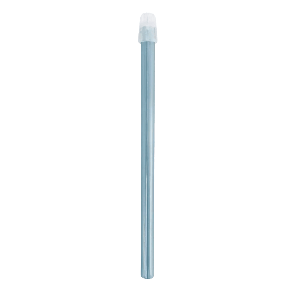 The simple design of the transparent blue plastic straw with a white cap at one end and isolated white background is reminiscent of the AMPri Dental saliva ejector, available in sizes 130 mm and 150 mm and various colors.