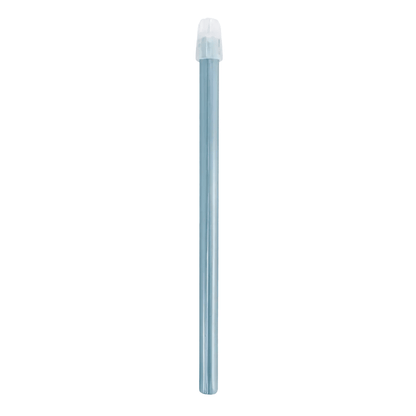 A cylindrical AMPri Dental saliva ejector with a smooth surface and a transparent plastic cap at one end, similar to those used in dental treatments, isolated on a white background.