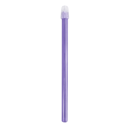 A purple dental saliva ejector with a transparent cap from the AMPri Dental saliva ejector collection of AMPri Handelsgesellschaft mbH stands vertically oriented against a white background.