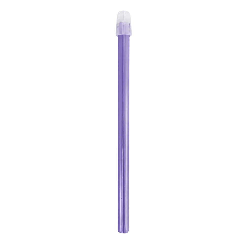 A single purple dental saliva ejector with a clear tip, similar to those in the AMPri Dental saliva ejector set 130 mm and 150 mm in various colors from AMPri Handelsgesellschaft mbH, isolated on a white background.