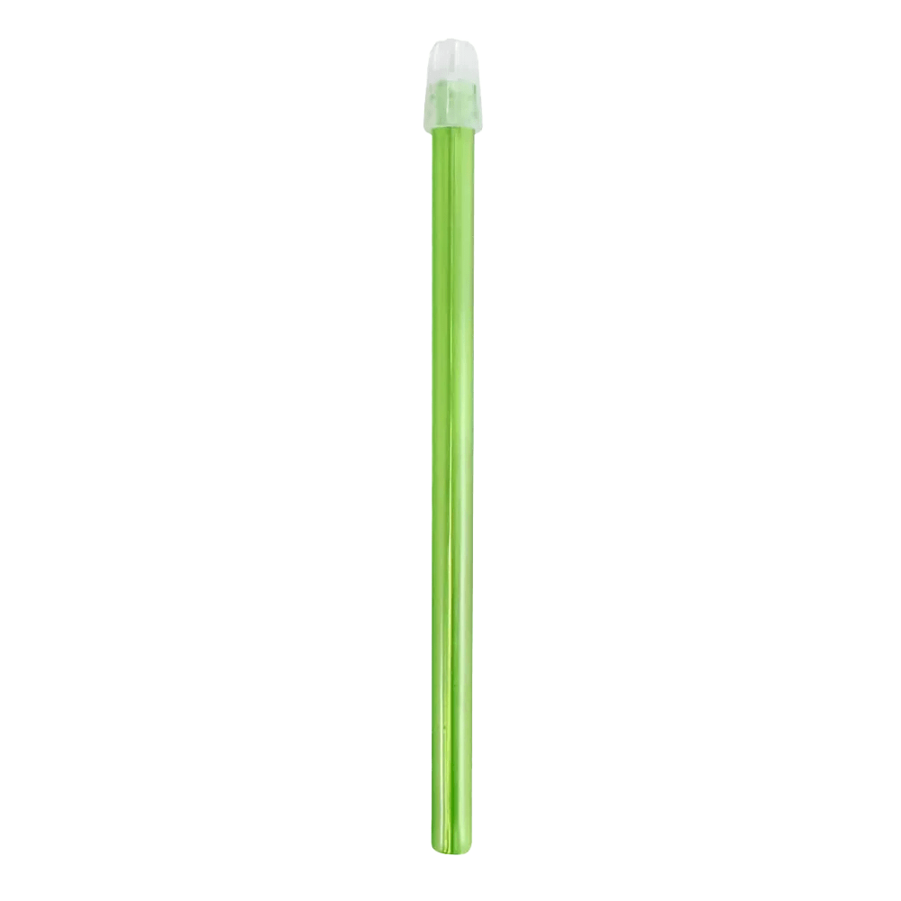 A green cylindrical container with a transparent cap, suitable for the AMPri Dental saliva ejectors 130 mm and 150 mm in various colors, ensures efficiency in dental treatment.