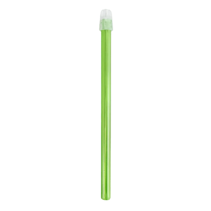 A green cylindrical container with a transparent cap, suitable for the AMPri Dental saliva ejectors 130 mm and 150 mm in various colors, ensures efficiency in dental treatment.