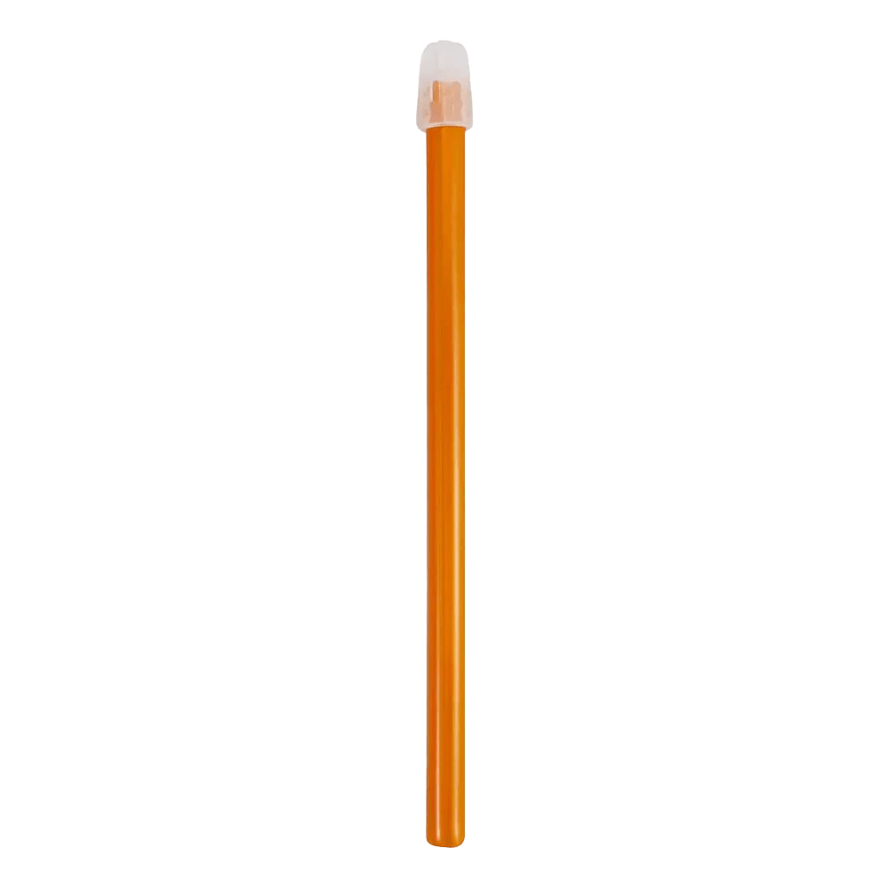 The simple design of the AMPri Dental saliva ejector, available in sizes 130 mm and 150 mm, is elegantly captured in this orange pencil with a white eraser cap. The flawless appearance of the pencil stands out against a simple white background, emphasizing its simplicity and elegance.