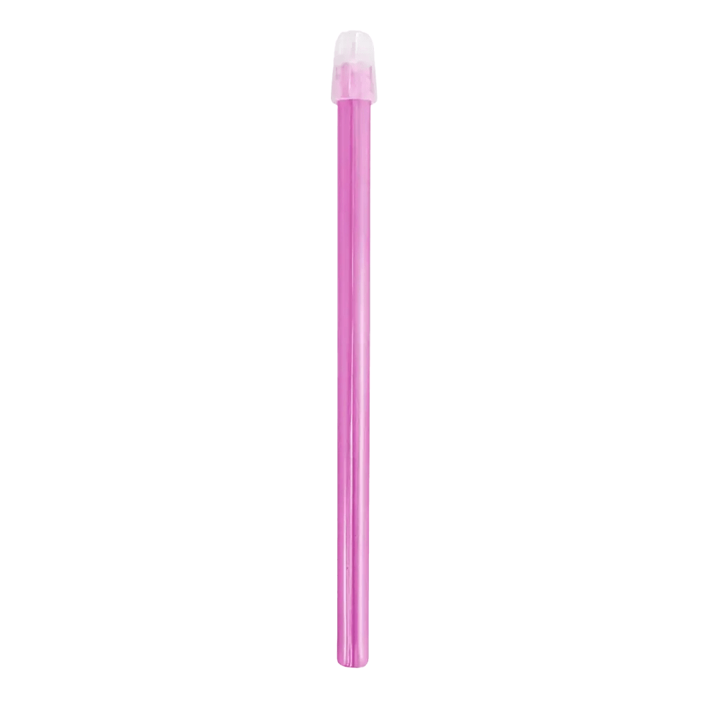 A dental saliva ejector from AMPri Handelsgesellschaft mbH, made of pink plastic with a transparent cap at one end, is depicted against a plain white background.
