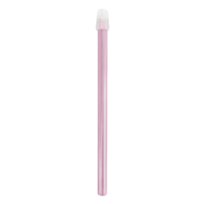 A pink dental saliva ejector with a white tip stands vertically against a plain white background, reminiscent of tools used in dental treatments. This product is the AMPri Dental saliva ejector, available in sizes 130 mm and 150 mm and in various colors.